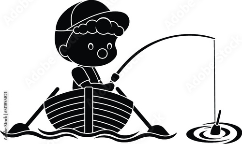 Black and White Cartoon Illustration Vector of a Boy Scout sitting in a Wooden Row Boat with Oars Fishing