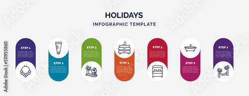 infographic template with icons and 7 options or steps. infographic for holidays concept. included flower necklace, sunscreen bottle, beach house, basin, bed, bathtube, hammock relaxing icons.