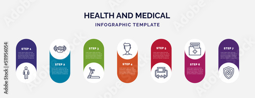 infographic template with icons and 7 options or steps. infographic for health and medical concept. included body, gym, treadmill, boy, defibrillator, medical result, medical shield icons.