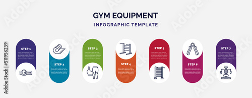 infographic template with icons and 7 options or steps. infographic for gym equipment concept. included belt, mat, women fitness clothing, gym bars, swedish wall, hand grip, gym station icons.