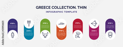 infographic template with icons and 7 options or steps. infographic for greece collection. thin concept. included amphora, poseidon, minotaur, , armor, artemis, plato icons.