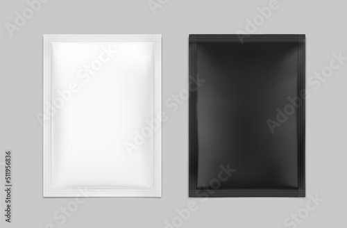 Black and white four side seal sachet packaging for food, cosmetic and hygiene. Vector illustration. Ready for your design. EPS10.