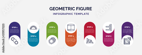 infographic template with icons and 7 options or steps. infographic for geometric figure concept. included row, semicircle, background, cylinder, distort, right alignment, segment icons.