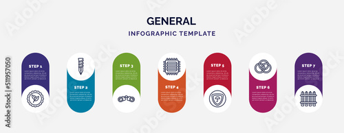infographic template with icons and 7 options or steps. infographic for general concept. included go green badge, dyupel, binocular, patch crop, insurance with a button, interlocking rings, wooden