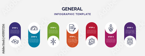 infographic template with icons and 7 options or steps. infographic for general concept. included , credit rating, bio technology, copywriting, build time, impeachment, data engineering icons.