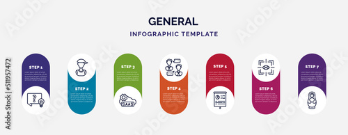 infographic template with icons and 7 options or steps. infographic for general concept. included quiz, teenager, saas, job interview, marketing plan, trackability, matryoshka icons.