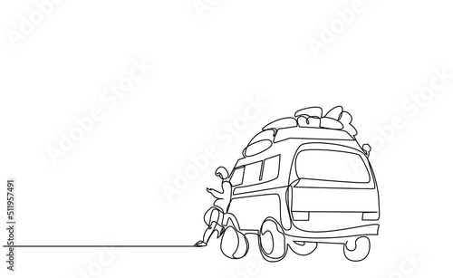 a retro old camping and vacation travel car and a person waiting coolly outside