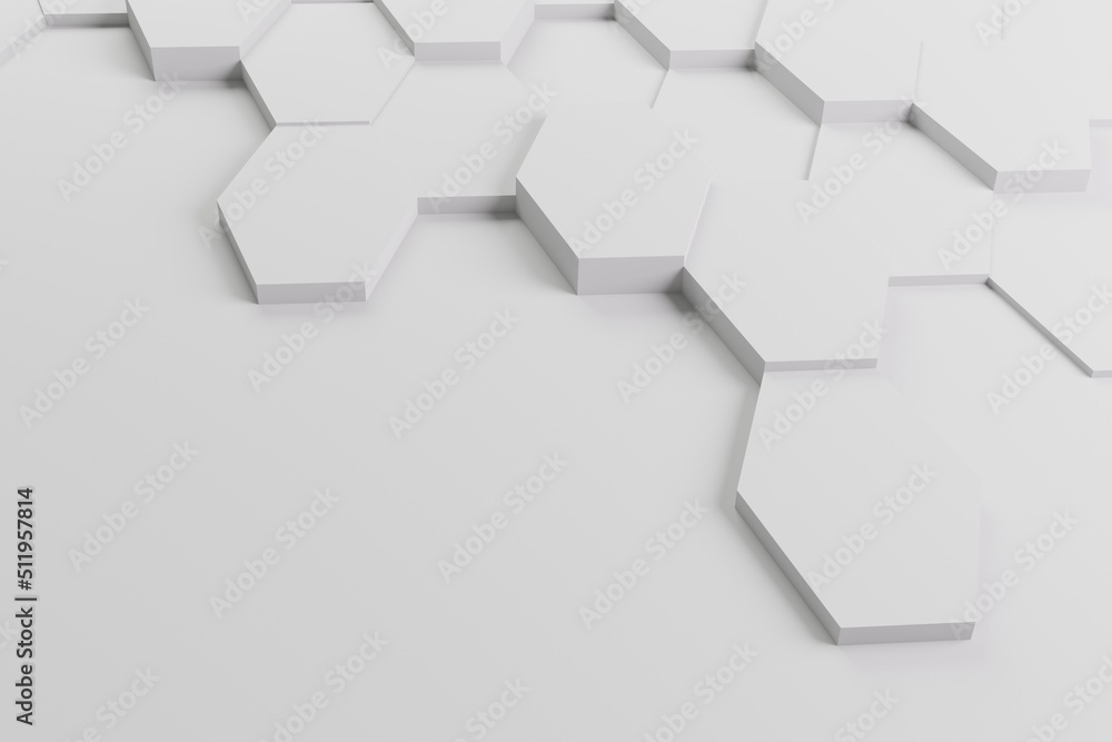 Abstract illustration with honeycombs, hexagonal grey shapes with shadow, 3D rendering
