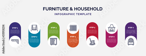 infographic template with icons and 7 options or steps. infographic for furniture & household concept. included corner sofa, porch swing, drawers, heating unit, rocking chair, chimney, dehumidifier