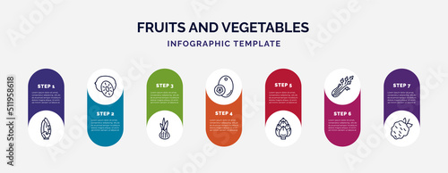 infographic template with icons and 7 options or steps. infographic for fruits and vegetables concept. included lettuce, kiwi, onion, breast milk fruit, artichoke, celery, blackberry icons.