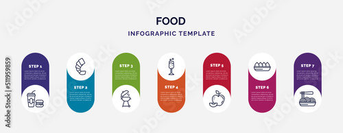 infographic template with icons and 7 options or steps. infographic for food concept. included junk food, shrimps, grill, sparkling wine, leaf, fried tofu curd balls, pasta icons.