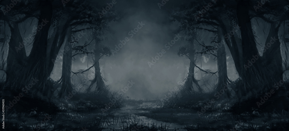 Naklejka premium Dark fantasy forest. River in the forest with stones on the shore. Moonlight, night forest landscape. Smoke, smog, fog. Bridge over river. Fantasy landscape. 3D illustration.