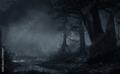 Dark fantasy forest. River in the forest with stones on the shore. Moonlight, night forest landscape. Smoke, smog, fog. Bridge over river. Fantasy landscape. 3D illustration.