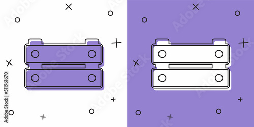 Set Wooden box icon isolated on white and purple background. Grocery basket, storehouse crate. Empty wooden container for vegetables, products. Vector