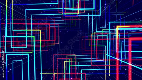 Motion graphic, camera fly throungh abstract art space, multilayer structure with pattern and particles. Glow rectangles, streaks and lines. Rainbow gradient color. Motion design vj loop. 3d structure photo