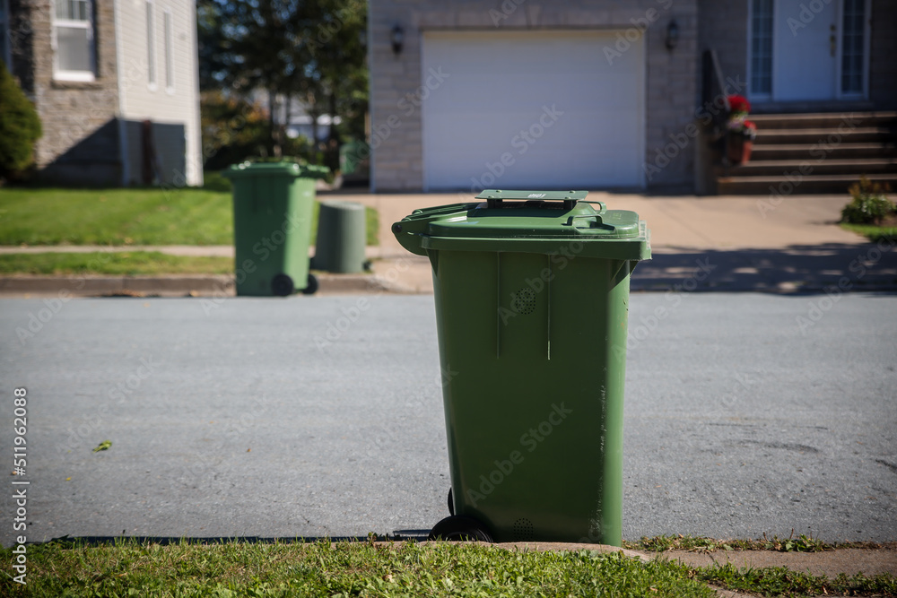 Recycling green garbage carts set outside of the homes on the curb for