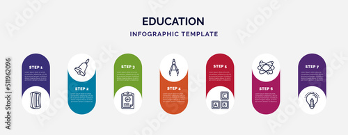 infographic template with icons and 7 options or steps. infographic for education concept. included sharpener, hand bell, clipboard with a+, draw with compass, creche, atomic orbitals, having an