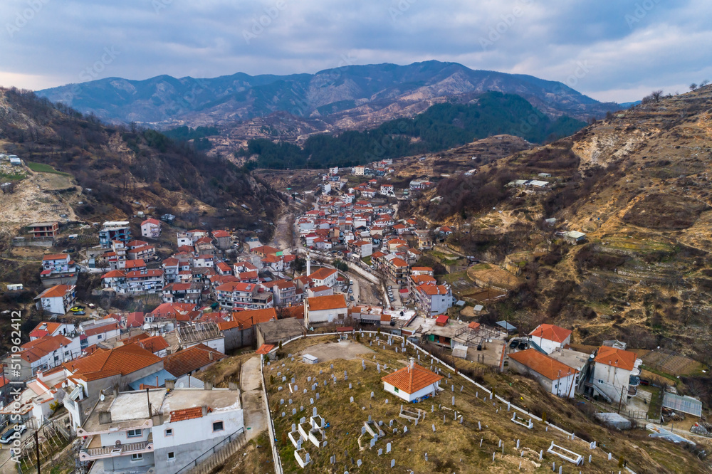 Aerial view of Myki, village in the Xanthi,Greece. The majority of the population in the municipality are members of the Turkish Minority