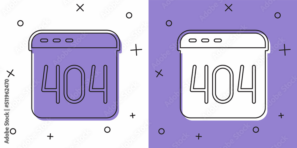 Set Page with a 404 error icon isolated on white and purple background. Template reports that the page is not found. Vector Set Page with a 404 error icon isolated on white and purple background. Template reports that the page is not found. Vector