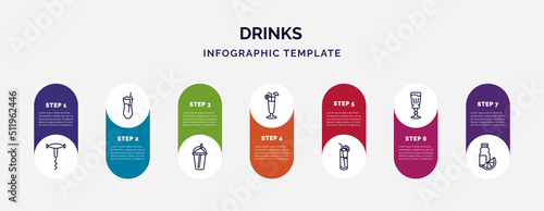 infographic template with icons and 7 options or steps. infographic for drinks concept. included sorkscrew, ramos gin fizz, coffee bean, sex on the beach, blue lagoon, absinthe, juice bottle icons.