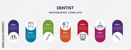 infographic template with icons and 7 options or steps. infographic for dentist concept. included fake tooth, decay, dentist mirror, bacteria in mouth, ekg monitor, interproximal, periodontal scaler