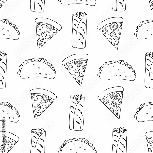 Fast food doodle seamless pattern in vector. Seamless hand drawn fast food pattern in vector. Doodle fast food background with pizza, taco and shawarma in vector