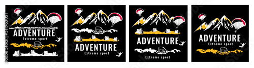 A set of posters dedicated to active and extreme sports. Vector stock illustration. Rest with tents. Black background