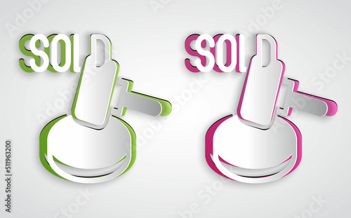 Paper cut Auction hammer icon isolated on grey background. Gavel - hammer of judge or auctioneer. Bidding process, deal done. Auction bidding. Paper art style. Vector