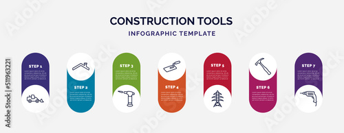 infographic template with icons and 7 options or steps. infographic for construction tools concept. included loader, roof, blowtorch, trowel, electric tower, brick hammer, hand drill icons.