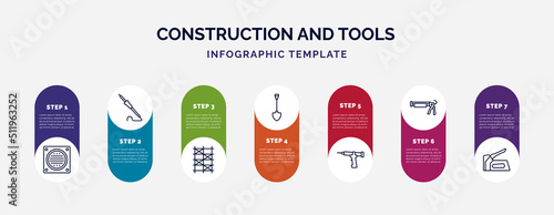 infographic template with icons and 7 options or steps. infographic for construction and tools concept. included drain, iron soldering, scaffolding, spade, sealant gun, caulk gun, staple gun icons.