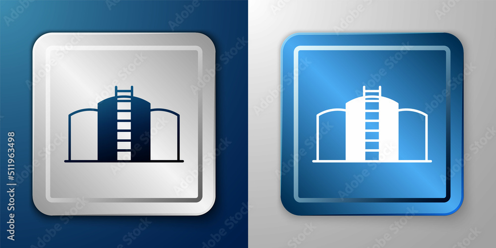 White Oil tank storage icon isolated on blue and grey background. Vessel tank for oil and gas industrial. Oil tank technology station. Silver and blue square button. Vector White Oil tank storage icon isolated on blue and grey background. Vessel tank for oil and gas industrial. Oil tank technology station. Silver and blue square button. Vector