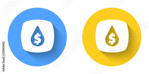 White Oil drop with dollar symbol icon isolated with long shadow background. Oil price. Oil and petroleum industry. Circle button. Vector