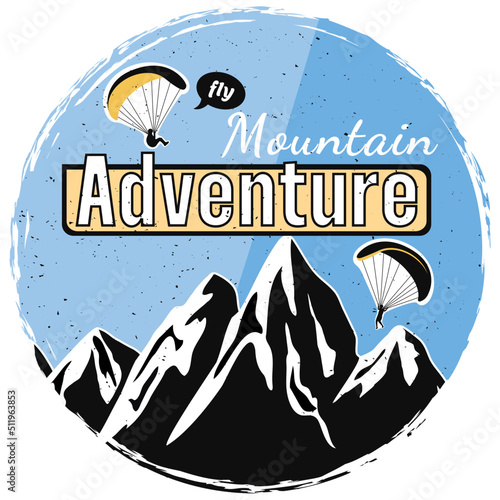 Round logo with broken borders. Vector stock illustration. Mountains with parachutes and hang gliders. Retro style. Emblem for the company. extreme sport
