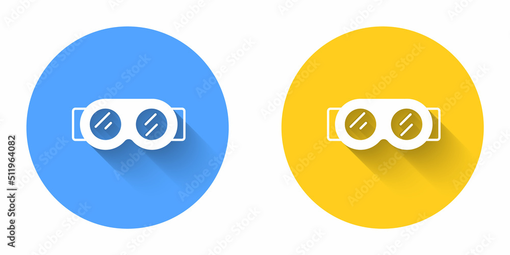 White Welding glasses icon isolated with long shadow background. Protective clothing and tool worker. Circle button. Vector White Welding glasses icon isolated with long shadow background. Protective clothing and tool worker. Circle button. Vector