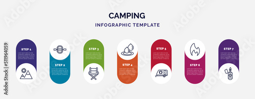 infographic template with icons and 7 options or steps. infographic for camping concept. included mountain, raft, camp chair, water, camper, gas, lighter icons.