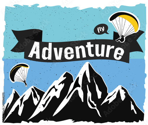 Torn logo with mountains background. Parachutists are jumping. Emblem of extreme sports. Rocks. Vector stock illustration. Blue background