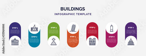 infographic template with icons and 7 options or steps. infographic for buildings concept. included brandenburg gate, embassy, christian cemetery, pisa tower, notre dame, trade center, capitol