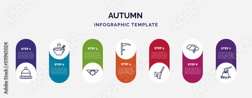 infographic template with icons and 7 options or steps. infographic for autumn concept. included winter hat, soup, bat, scythe, broom, bird migration, woodcutter icons.