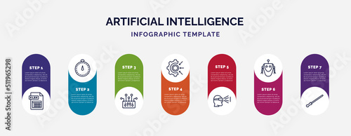 infographic template with icons and 7 options or steps. infographic for artificial intelligence concept. included xlsx, velocity, control, goals, view, robot, ar wand icons.