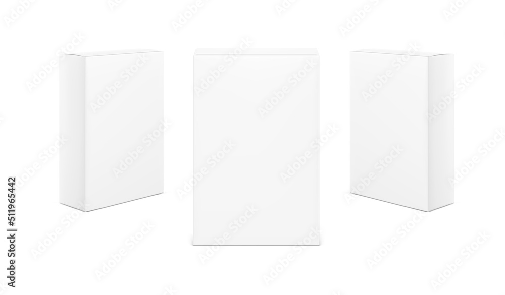 Realistic cardboard boxes mockup set. Front and perspective views. Vector illustration isolated on white background. Can be use for food, medicine, cosmetic and etc. Ready for your design. EPS10. Realistic cardboard boxes mockup set. Front and perspective views. Vector illustration isolated on white background. Can be use for food, medicine, cosmetic and etc. Ready for your design. EPS10.