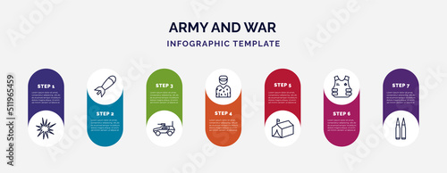 infographic template with icons and 7 options or steps. infographic for army and war concept. included explosive, airplane bomb, armored vehicle, conscription, militar tent, bulletproof, two bullets