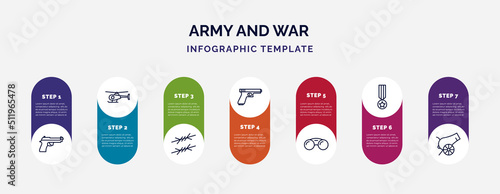 infographic template with icons and 7 options or steps. infographic for army and war concept. included pistol, helicopter, barbed wire, gun, binoculars, condecoration, canon icons. photo