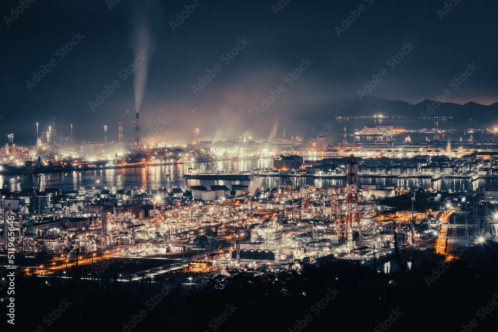 Naklejka premium The Mizushima plant or the Mizushima industrial plant, Okayama Prefecture in Japan, Factory or petroleum 