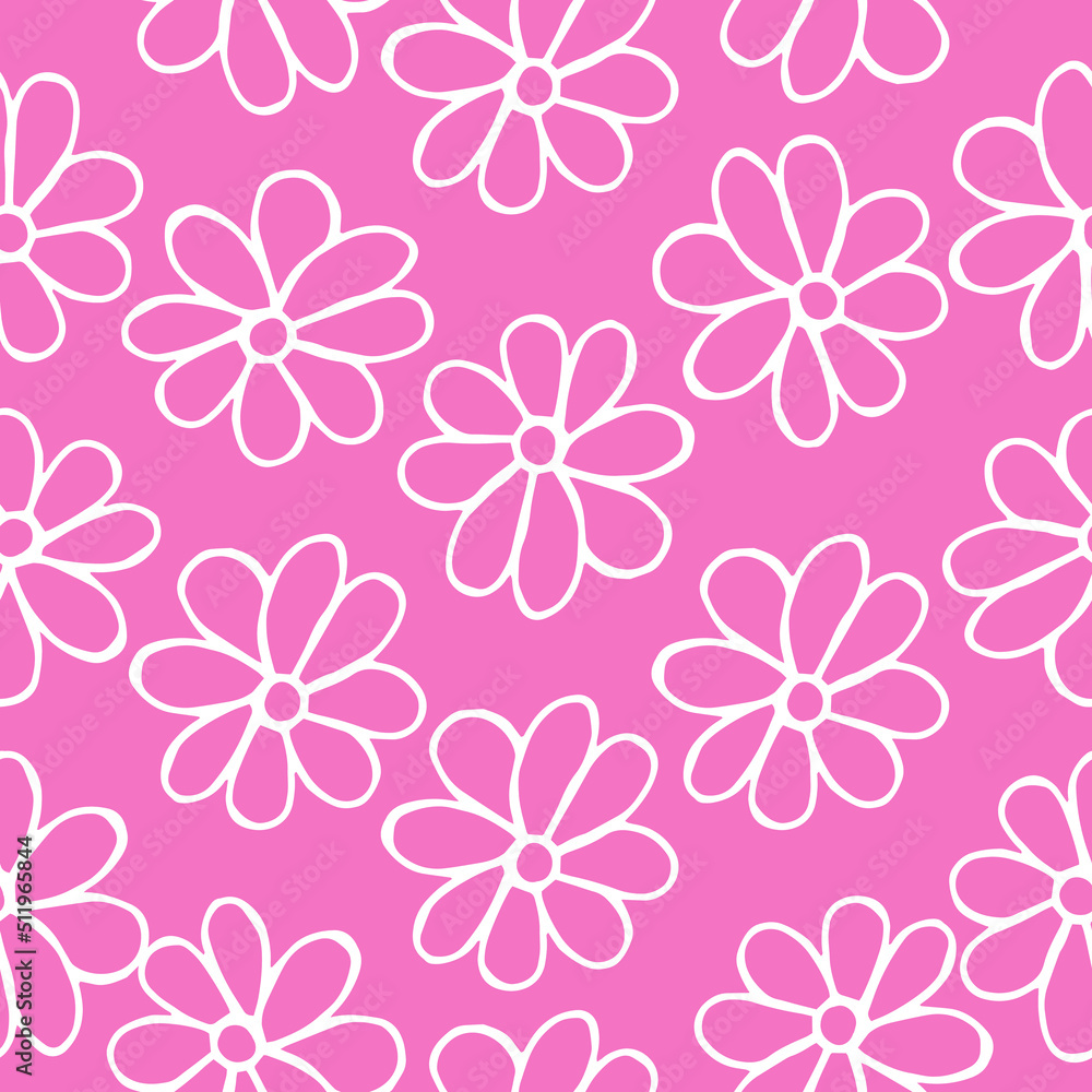 Seamless scandinavian pattern with cute doodle outline sweet flowers.