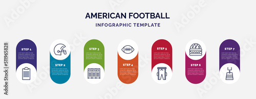 infographic template with icons and 7 options or steps. infographic for american football concept. included pad, football helmet, lockers, american football ball, practice pants, hamburger, american