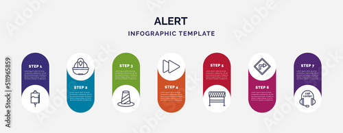 infographic template with icons and 7 options or steps. infographic for alert concept. included intravenous, firefighter helmet, bollard, ahead, road blockade, turn right, call center icons.