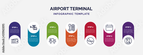 infographic template with icons and 7 options or steps. infographic for airport terminal concept. included two plane tickets, helicopter flying, luggage security, baggage scale, no smoking, week