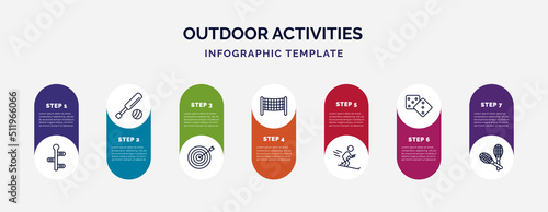 infographic template with icons and 7 options or steps. infographic for outdoor activities concept. included , cricket, dartboard, volleyball net, skii, table game, racket icons.