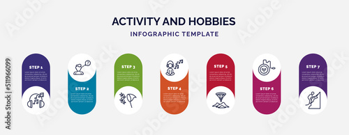 infographic template with icons and 7 options or steps. infographic for activity and hobbies concept. included listening music, questioning, butterfly catcher, relaxing, gliding parachutist, yoyo,