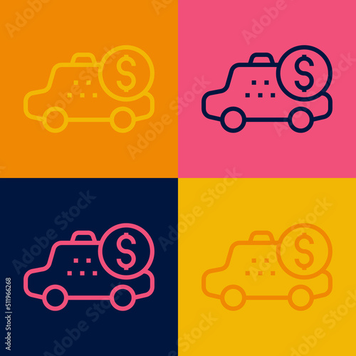 Pop art line Taximeter device icon isolated on color background. Measurement appliance for passenger fare in taxi car. Vector